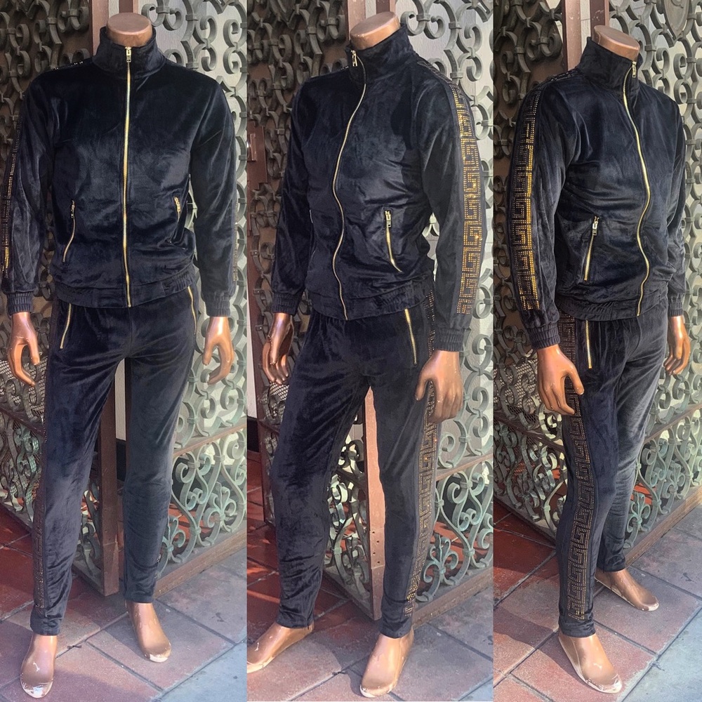 Men's Fashion Black | Gold Velour Slim Fitted Tracksuit